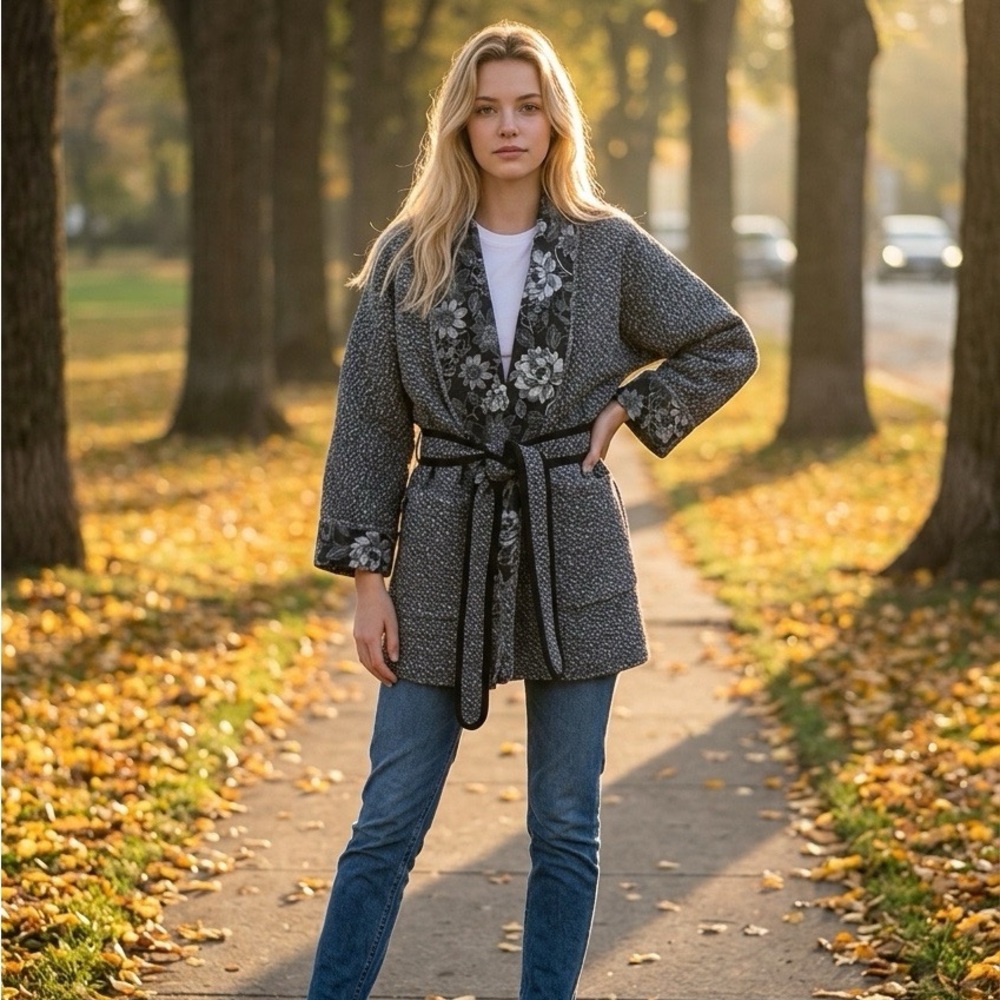 Upcycled Quilt Gray Black Floral Trim Belted Jacket